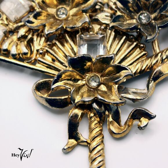 Vintage Large Fan Brooch w Rhinestone Gold Tone Floral 3" Statement Pin -Hey Viv - Picture 4 of 7